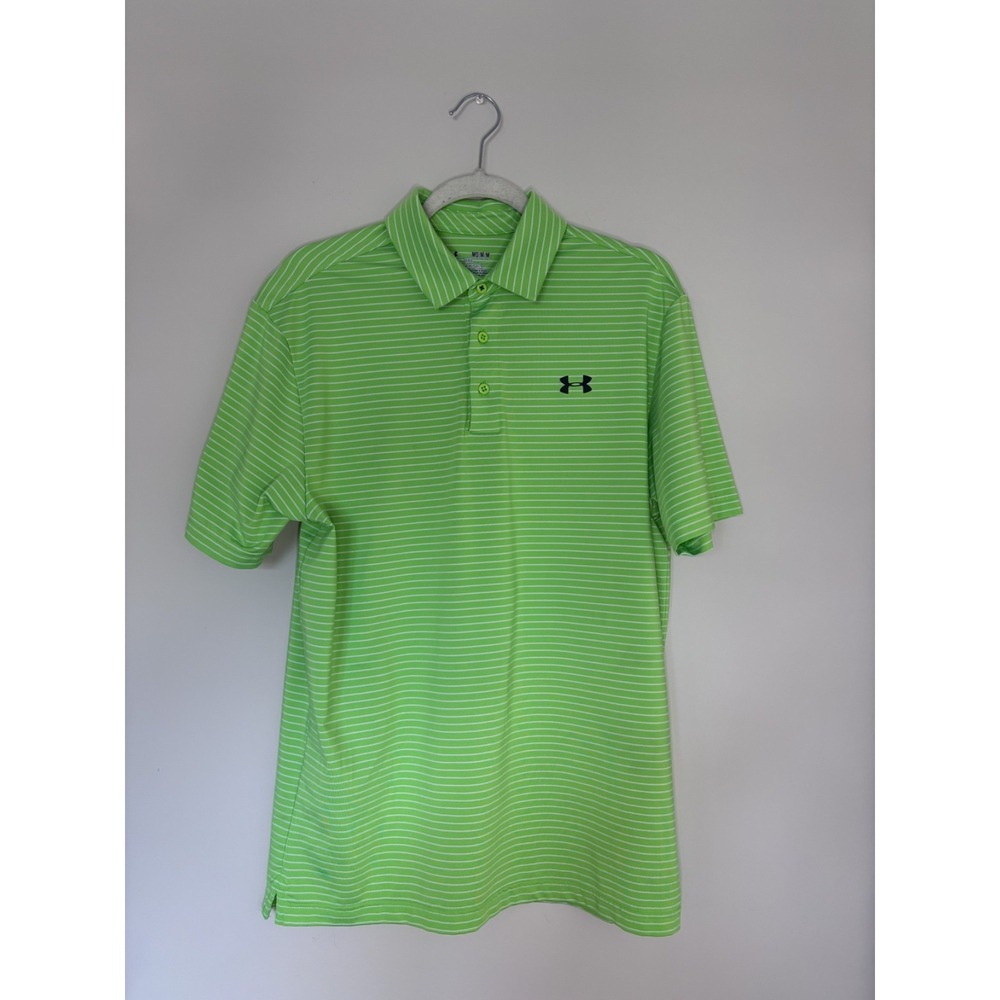 Mens Under Armour HeatGear Golf Polo Medium Loose Striped Green & White